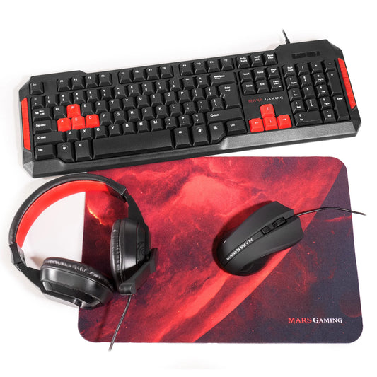 Mars Gaming MRCP1, pachet 4 în 1 tastatură, căști, mouse de 2800 DPI și mousepad de 35 x 25 cm