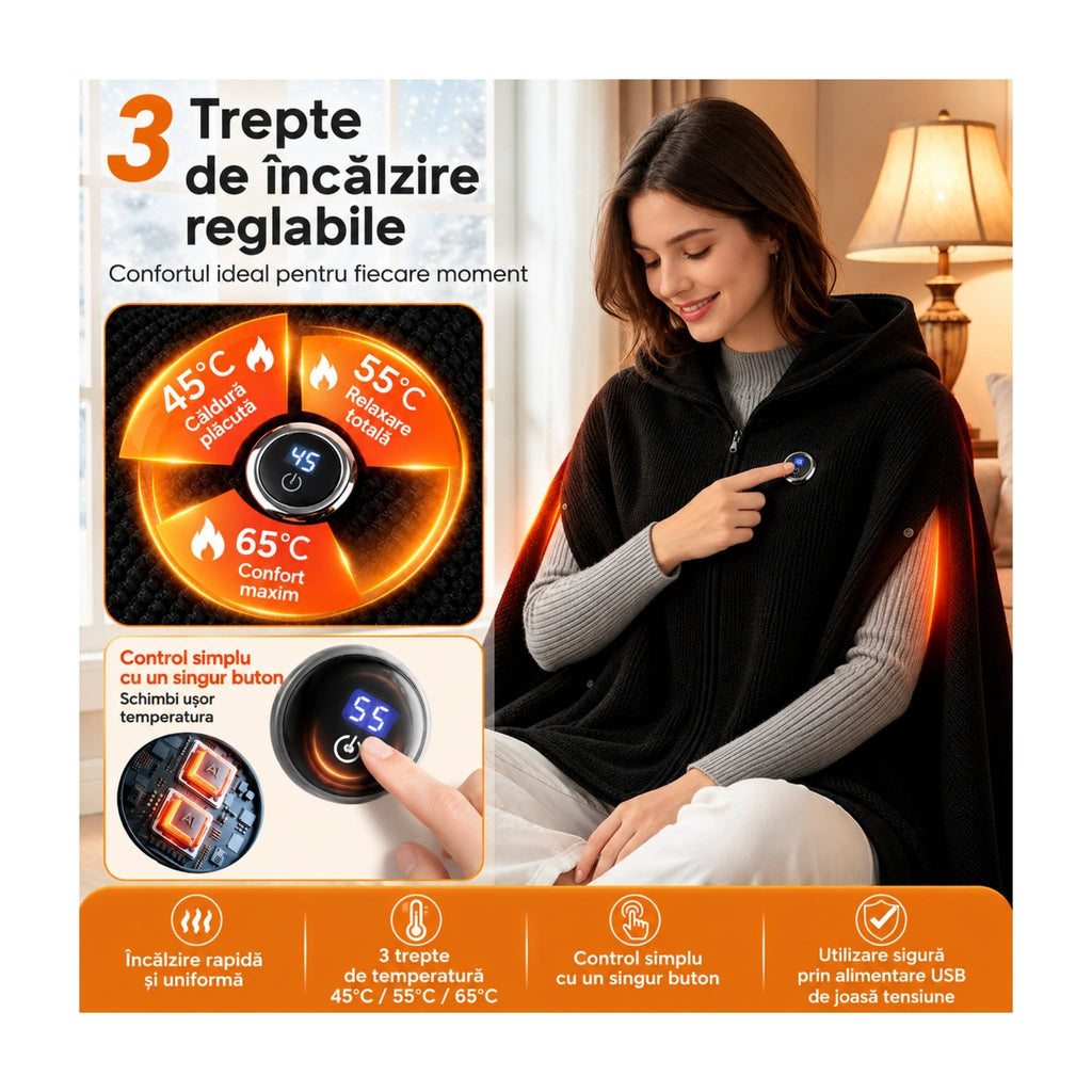 Pătură-Pelerină Încălzită cu Glugă, USB, 3 Trepte, 45–65°C