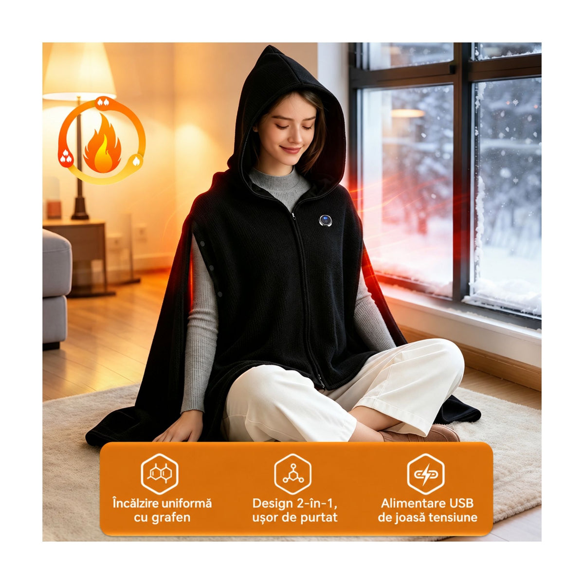 Pătură-Pelerină Încălzită cu Glugă, USB, 3 Trepte, 45–65°C