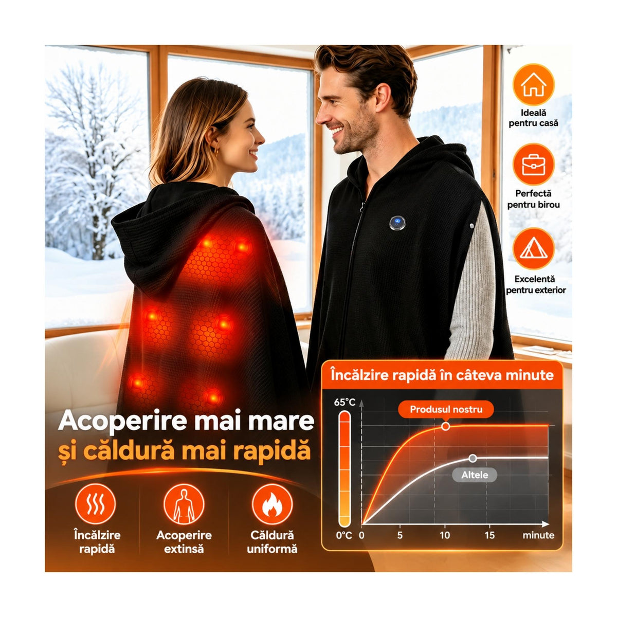 Pătură-Pelerină Încălzită cu Glugă, USB, 3 Trepte, 45–65°C